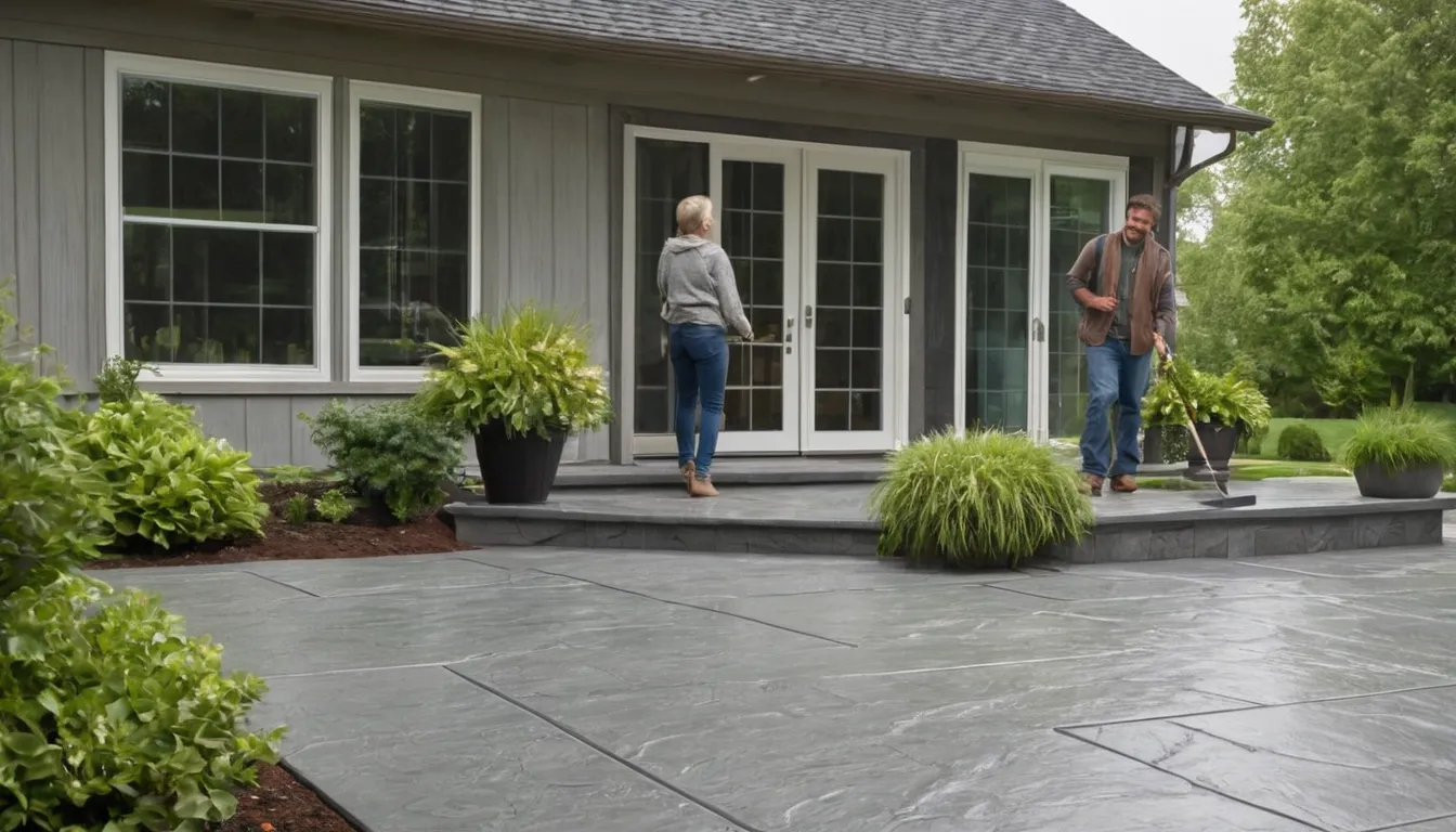 Finished stamped concrete patio with a stone pattern beside a wood-frame home in the Snoqualmie area